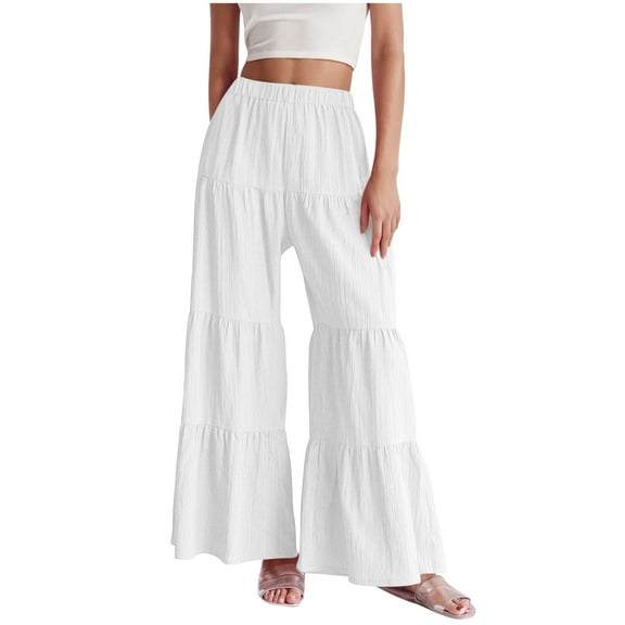 Busydd Women's Pants Casual Baggy Wide Leg Pants Trendy Pleated Tiered Flowy Pants Solid Color Elastic Waist Trousers Pants for Women