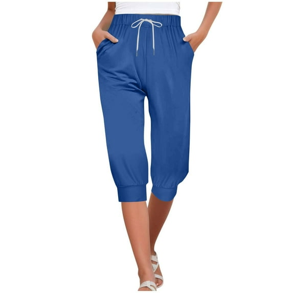Busydd Women's Pants Elastic Waist Drawstring Capris Pants for Women Summer Casual Solid Color Dress Pants Trendy Slim Work Pants with Pockets