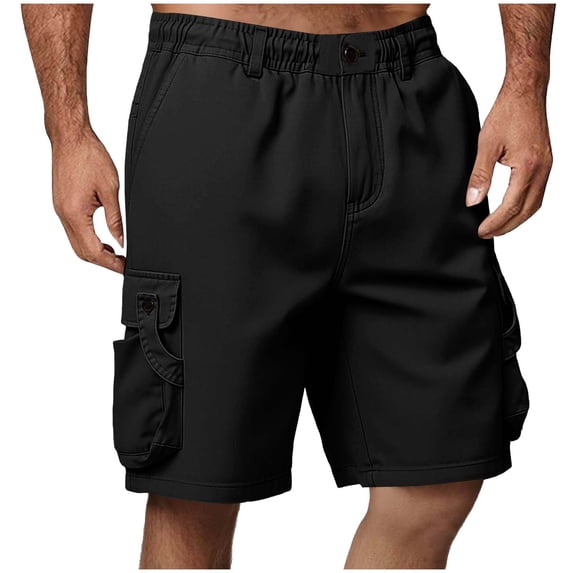 Busydd Men's Cargo Shorts Casual Elastic Waist Button Zipper Hiking Shorts Summer Knee Length Solid Color Bermuda Shorts with Pockets XL