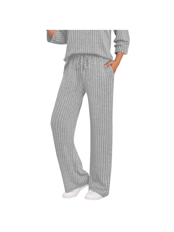Women's Pants Fashion Knit Ribbed Women's Sweatpants Elastic Waist Drawstring Lounge Pants Solid Color Comfy Women's Clothing with Pockets XL
