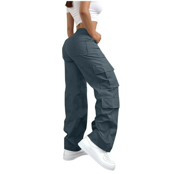 Busydd Women's Pants Solid Color Button Cargo Pants Casual Stretchy Outdoor Hiking Pants with Pockets L