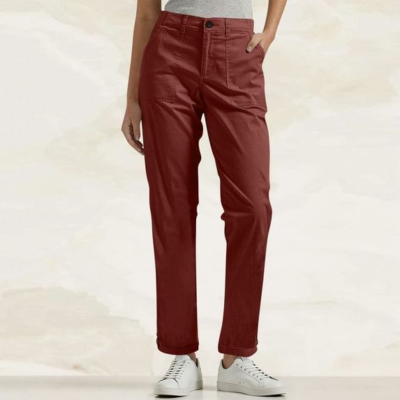 Busydd Women's Pants Solid Color Button Zipper Dress Pants Elastic Waist Pockets Cargo Pants Casual Comfy Straight Leg Trousers L