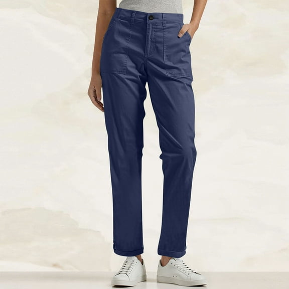 Busydd Women's Pants Solid Color Button Zipper Dress Pants Elastic Waist Pockets Cargo Pants Casual Comfy Straight Leg Trousers S