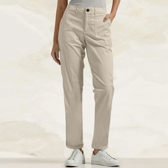 Busydd Women's Pants Solid Color Button Zipper Dress Pants Elastic Waist Pockets Cargo Pants Casual Comfy Straight Leg Trousers S