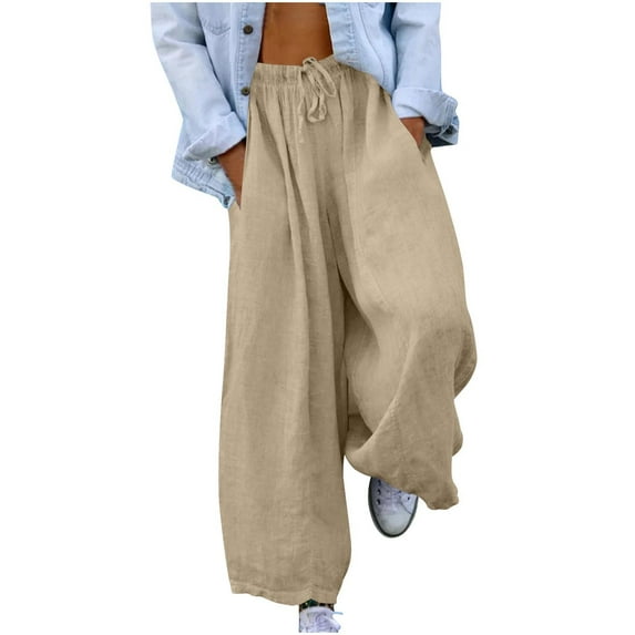 Busydd Women's Pants Solid Color Casual Pants Fashion Loose Wide Leg Pants Elastic Waist Flowy Beach Pants for Women with Pockets and Drawstring