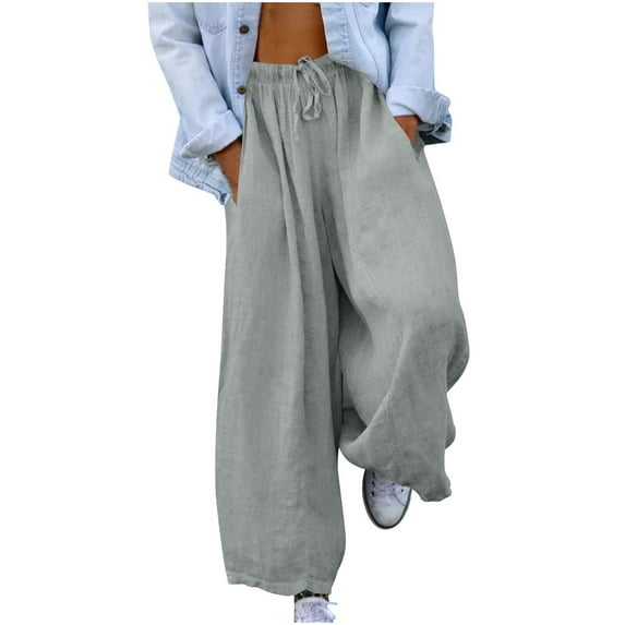 Busydd Women's Pants Solid Color Casual Pants Fashion Loose Wide Leg Pants Elastic Waist Flowy Beach Pants for Women with Pockets and Drawstring