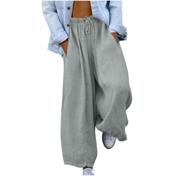 Busydd Women's Pants Solid Color Casual Pants Fashion Loose Wide Leg Pants Elastic Waist Flowy Beach Pants for Women with Pockets and Drawstring