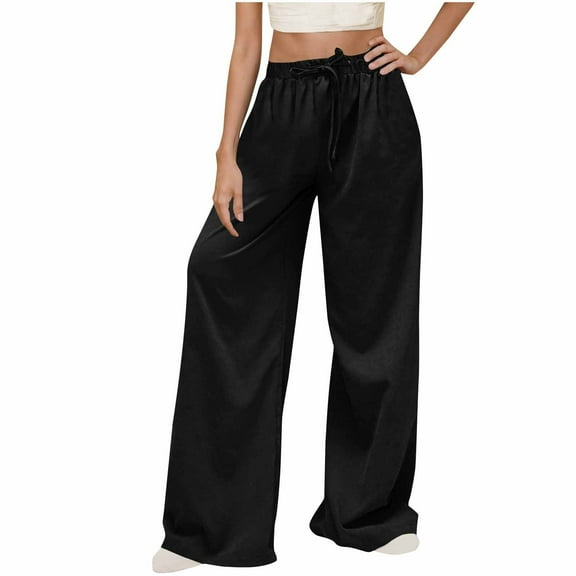Busydd Women's Pants Solid Color Drawstring Pants Comfy Straight Leg Dressy Casual Trousers Stretchy Elastic Waist Pants for Women with 4 Pockets