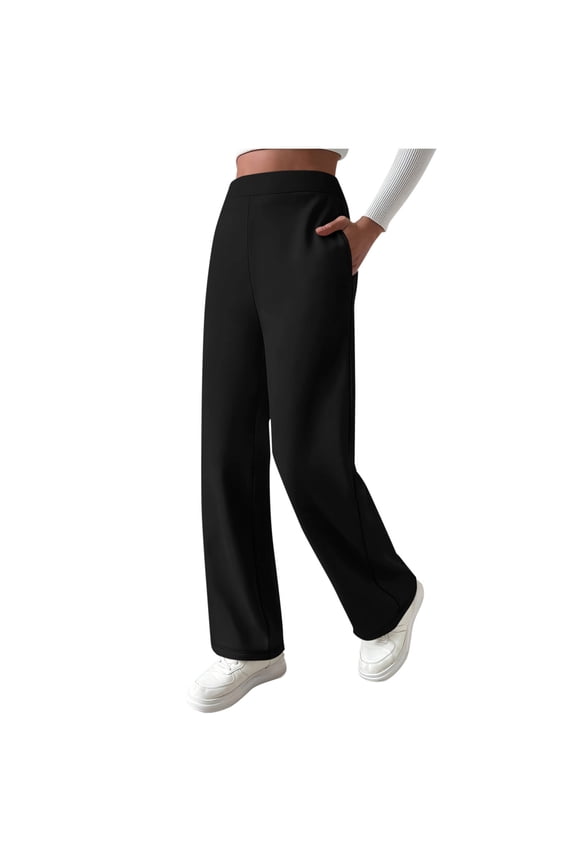 Women's Pants Solid Color Elastic Waist Pants for Women Casual Fashion Warm Fleece Lined Winter Clothing for Women with Pockets XL