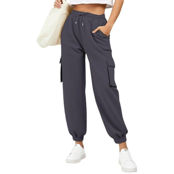 Busydd Women's Pants Solid Color Elastic Waist Women's Sweatpants Casual Drawstring Zipper Pockets Cargo Pants Comfy Elastic Bottom Trousers L