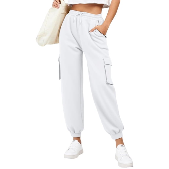 Busydd Women's Pants Solid Color Elastic Waist Women's Sweatpants Casual Drawstring Zipper Pockets Cargo Pants Comfy Elastic Bottom Trousers S