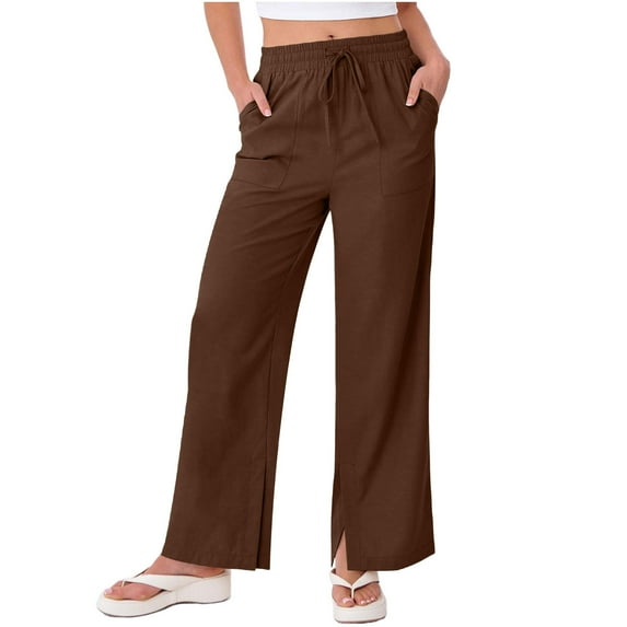 Busydd Women's Pants Solid Color Straight Leg Linen Pants Women Casual Baggy Elastic Waist Drawstring Beach Pants for Women with Pockets