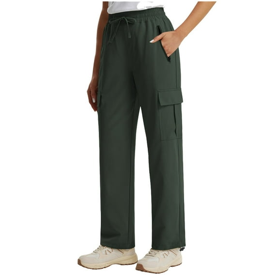 Busydd Women's Pants Trendy Solid Color Pockets Cargo Pants Casual Baggy Elastic Waist Hiking Pants for Women Comfy Drawstring Trousers L