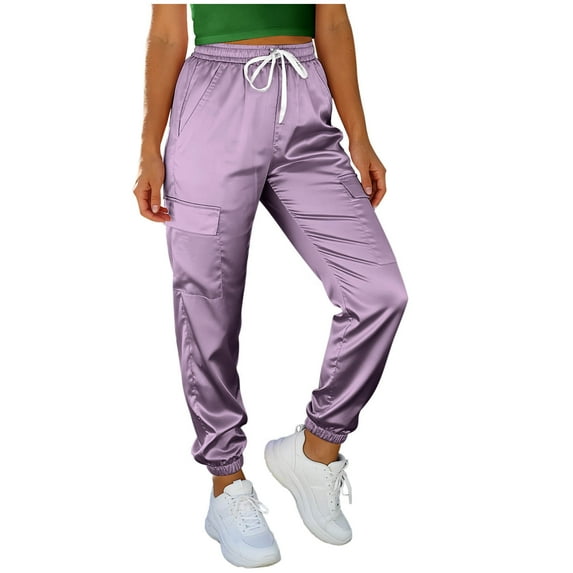 Busydd Women's Pants Trendy Solid Color Satin Cargo Pants Women Elastic Waist and Bottom Casual Pants for Women with Pockets and Drawstring