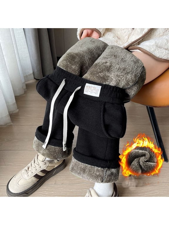 Women's Pants Winter Warm Fleece Lined Pants for Women Comfy Solid Color Elastic Waist Drawstring Trousers with Pockets 2XL