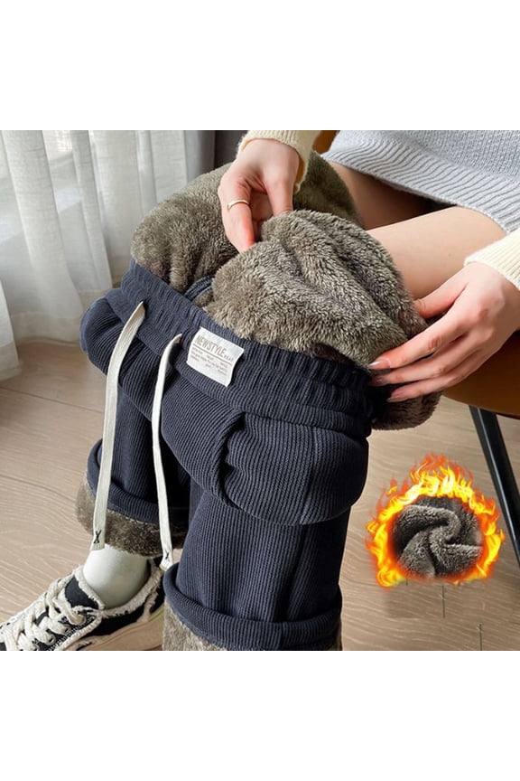 Women's Pants Winter Warm Fleece Lined Pants for Women Comfy Solid Color Elastic Waist Drawstring Trousers with Pockets M