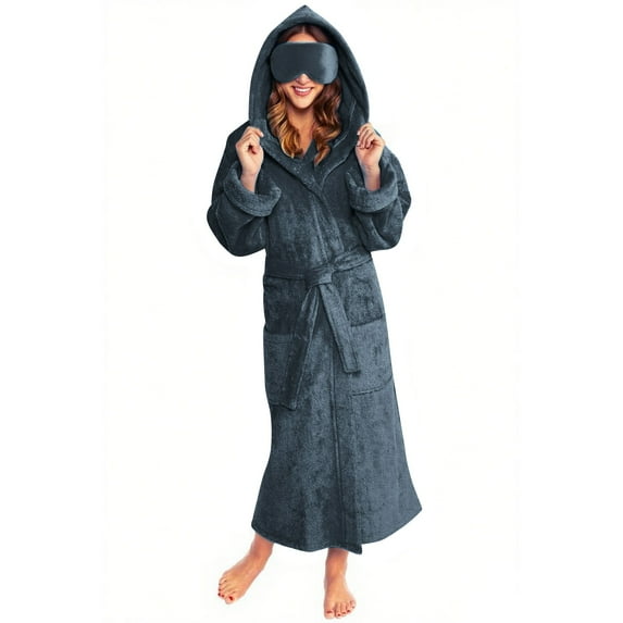 Busydd Women's Robes with Eye Mask Comfy Warm Plush Robes for Women Casual Long Sleeve Self-Tie Belt Women's Bathrobe Solid Color Hooded Women's Nightgowns with Pockets M