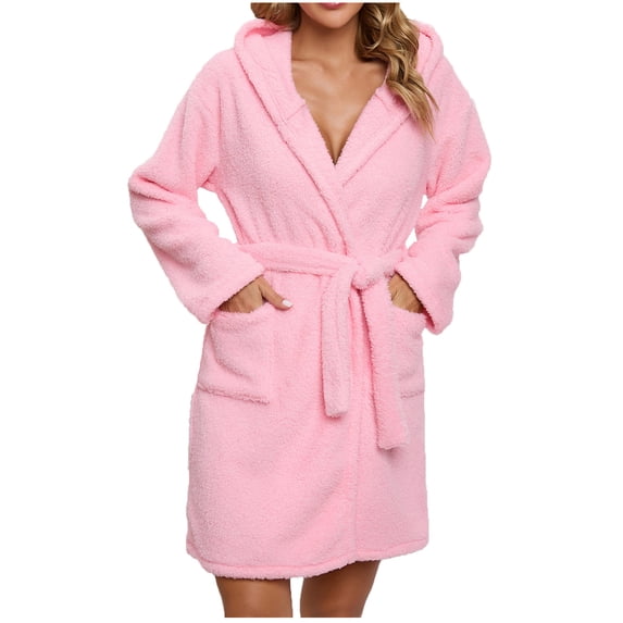 Busydd Women's Robes Solid Color Hooded Plush Robes for Women Self-Tie Belt Bathrobe for Women Winter Warm Long Sleeve Women's Sleepwear with Pockets L