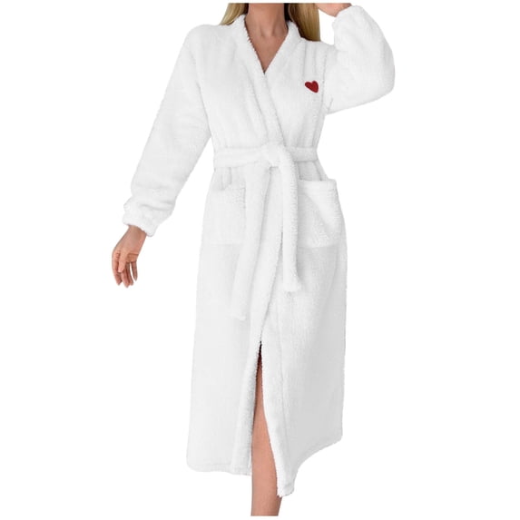 Busydd Women's Robes Winter Warm Fluffy Robe Casual Loose Solid Color Long Robes for Women Long Sleeve Self-Tie Belt Womens Bathrobe with Pockets L