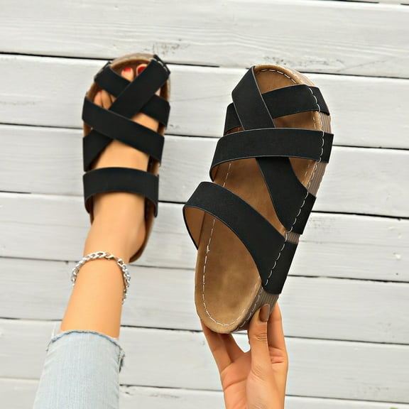 Busydd Women's Sandals Trendy Chunky Dressy Slides Sandals Comfortable Elastic Buckle Wedge Sandals for Women Casual Slip on Beach Sandals
