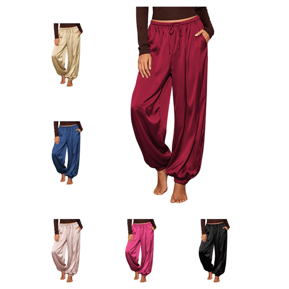 Busydd Women's Satin Pants Fashion Solid Color Drawstring Pants Casual Loose Elastic Waist Trousers with Pockets S