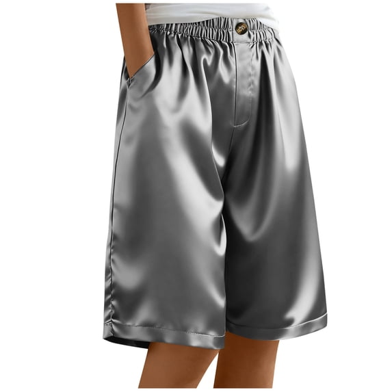 Busydd Women's Shorts with Pockets Solid Color Trendy Satin Ladies Shorts Casual Baggy Elastic Waist Button Summer Shorts for Women