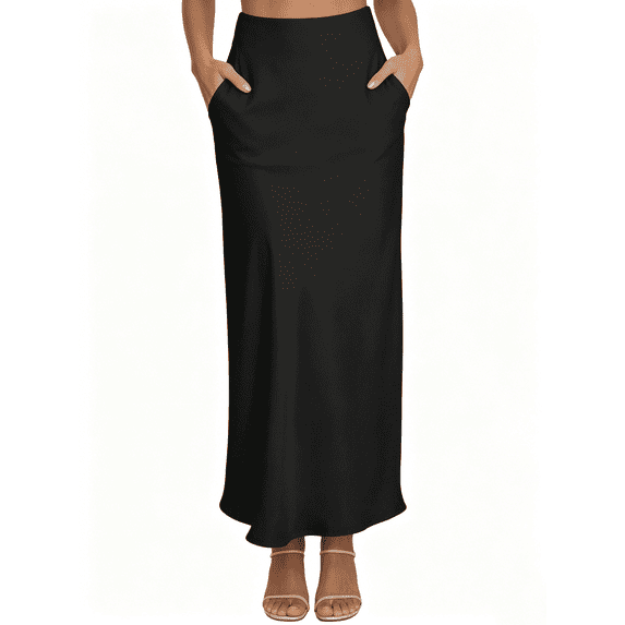 Busydd Women's Satin Skirts with Pockets Trendy Comfortable Maxi Skirts for Women Casual Solid Color Long Skirts 2XL