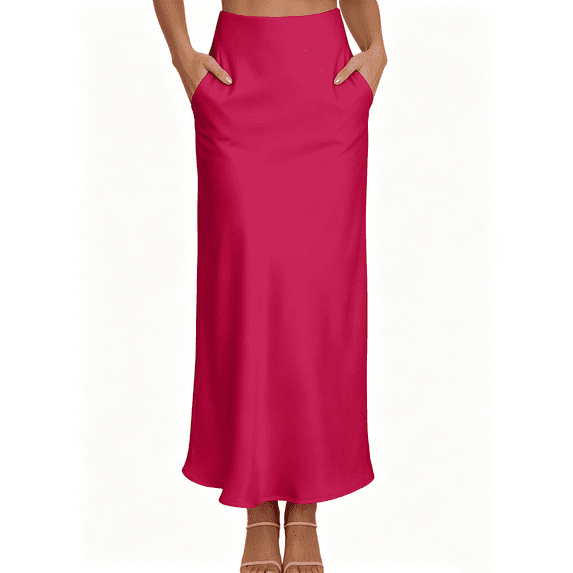 Busydd Women's Satin Skirts with Pockets Trendy Comfortable Maxi Skirts for Women Casual Solid Color Long Skirts S