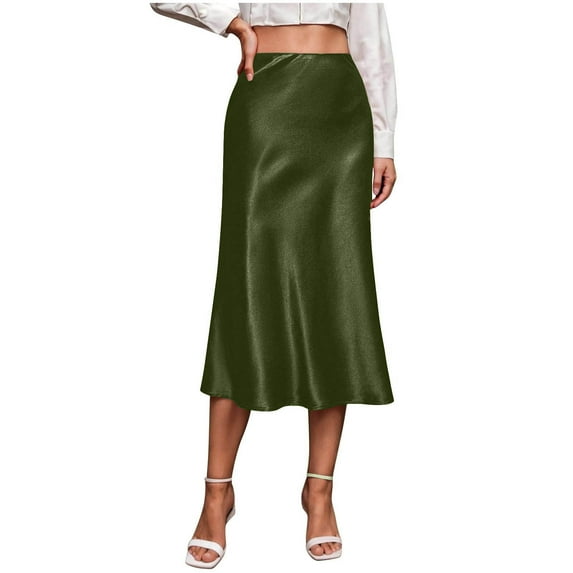 Busydd Women's Skirts Trendy Comfortable Satin Skirts for Women Casual Zipper Solid Color Midi Skirts for Women M