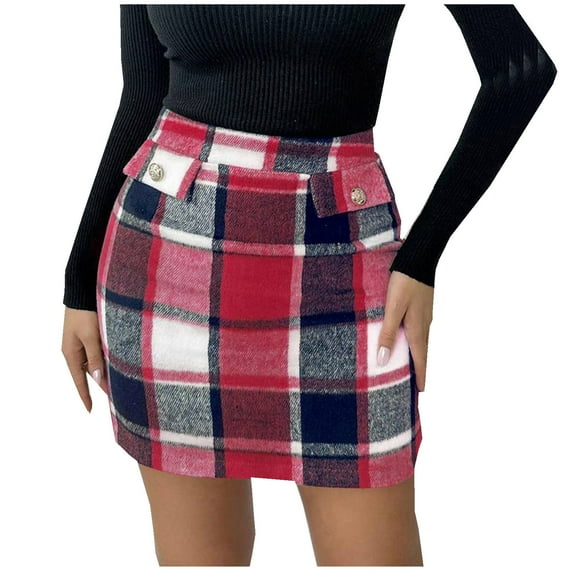 Busydd Women's Skirts Trendy Zipper Plaid Skirts for Women Casual Button Mini Skirt High Waisted Skirts for Women L