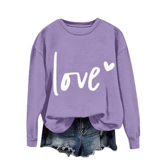 Busydd Women's Sweatshirts Fashion Love Heart Print Womens Tops Dressy Casual Loose Round Neck Long Sleeve Shirts for Women 2XL