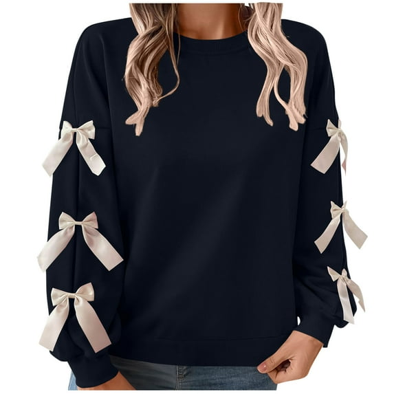 Busydd Women's Sweatshirts Trendy Bow Solid Color Christmas Shirts for Women Casual Comfortable Long Sleeve Crewneck Sweatshirt for Women XL
