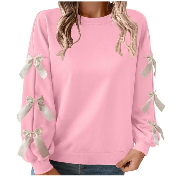 Busydd Women's Sweatshirts Trendy Bow Solid Color Christmas Shirts for Women Casual Comfortable Long Sleeve Crewneck Sweatshirt for Women XL