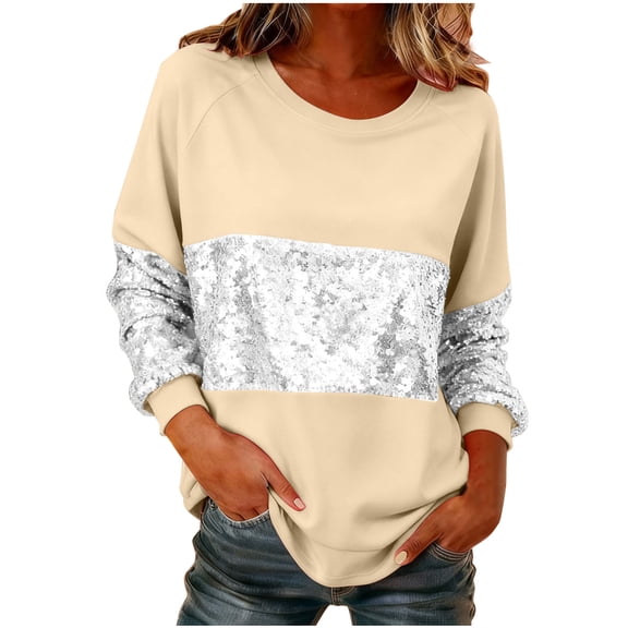 Busydd Women's Sweatshirts Trendy Sequins Crewneck Sweatshirts Women Casual Solid Color Womens Long Sleeve Tops M