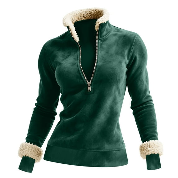 Busydd Women's Sweatshirts Winter Warm Fleece Pullover Sweatshirt Casual Comfy Zip Long Sleeve Tops for Women Vintage Solid Color Stand Collar Womens Tops 2XL