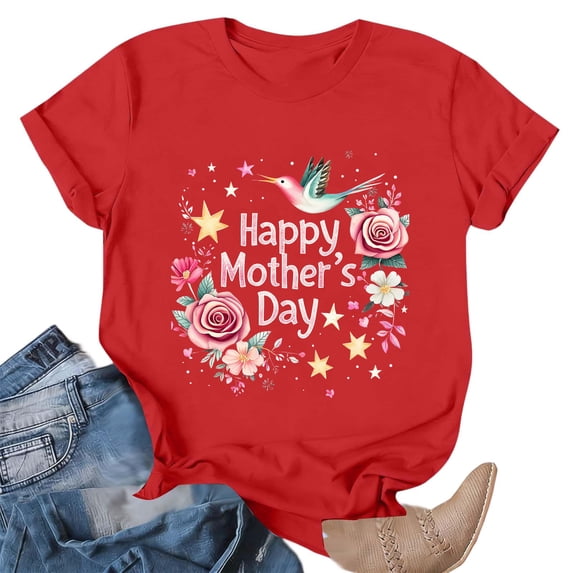 Busydd Women's T-Shirts Mother's Day Round Neck Graphic Tees Casual Basic Summer Short Sleeve Tops for Women M