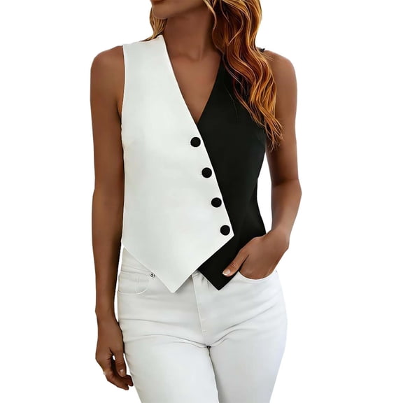 Busydd Women's Tank Tops Trendy Colorblock Sleeveless Going Out Tops for Women Casual V Neck Button Womens Tanks M