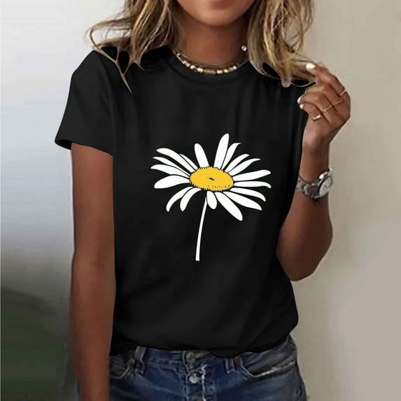 Busydd Women's Tops Cotton Short Sleeve Summer Tops for Women Trendy Sunflower Print Round Neck T Shirts for Women Casual Comfy Versatile Graphic Tees 2XL