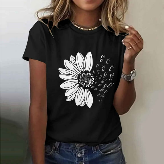 Busydd Women's Tops Cotton Short Sleeve Summer Tops for Women Trendy Sunflower Print Round Neck T Shirts for Women Casual Comfy Versatile Graphic Tees 2XL