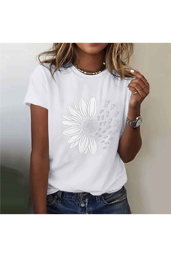 Women's Tops Cotton Short Sleeve Summer Tops for Women Trendy Sunflower Print Round Neck T Shirts for Women Casual Comfy Versatile Graphic Tees M