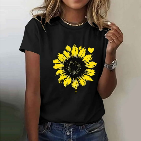 Busydd Women's Tops Cotton Short Sleeve Summer Tops for Women Trendy Sunflower Print Round Neck T Shirts for Women Casual Comfy Versatile Graphic Tees M