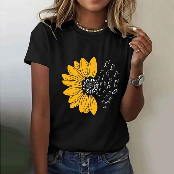 Busydd Women's Tops Cotton Short Sleeve Summer Tops for Women Trendy Sunflower Print Round Neck T Shirts for Women Casual Comfy Versatile Graphic Tees M
