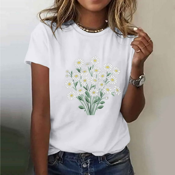 Busydd Women's Tops Cotton Short Sleeve Summer Tops for Women Trendy Sunflower Print Round Neck T Shirts for Women Casual Comfy Versatile Graphic Tees M