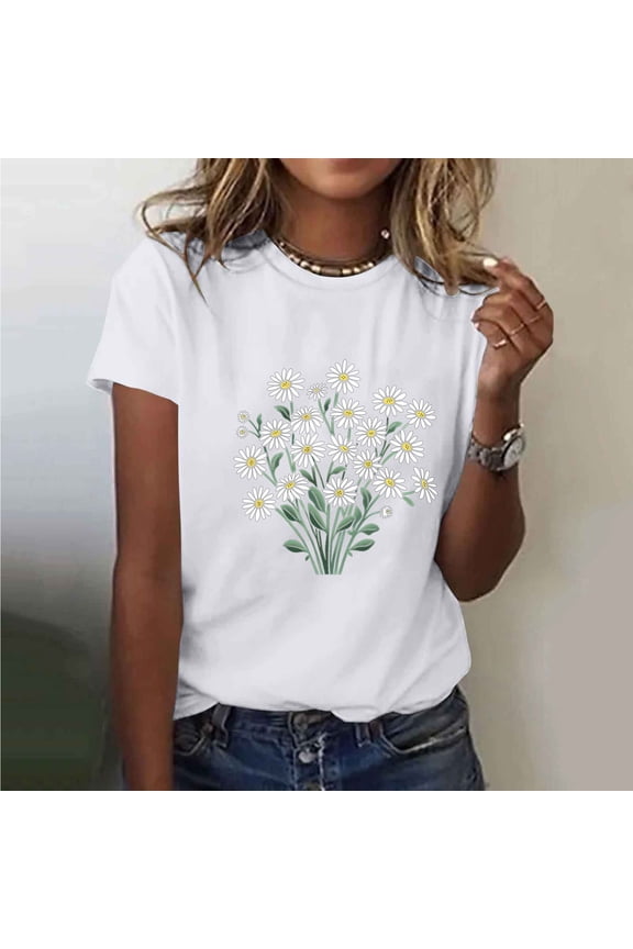 Women's Tops Cotton Short Sleeve Summer Tops for Women Trendy Sunflower Print Round Neck T Shirts for Women Casual Comfy Versatile Graphic Tees M