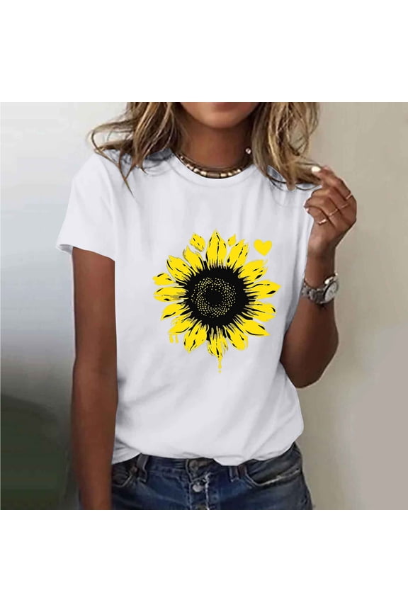 Women's Tops Cotton Short Sleeve Summer Tops for Women Trendy Sunflower Print Round Neck T Shirts for Women Casual Comfy Versatile Graphic Tees M