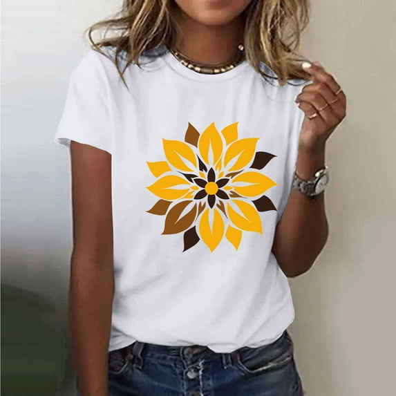 Busydd Women's Tops Cotton Short Sleeve Summer Tops for Women Trendy Sunflower Print Round Neck T Shirts for Women Casual Comfy Versatile Graphic Tees S