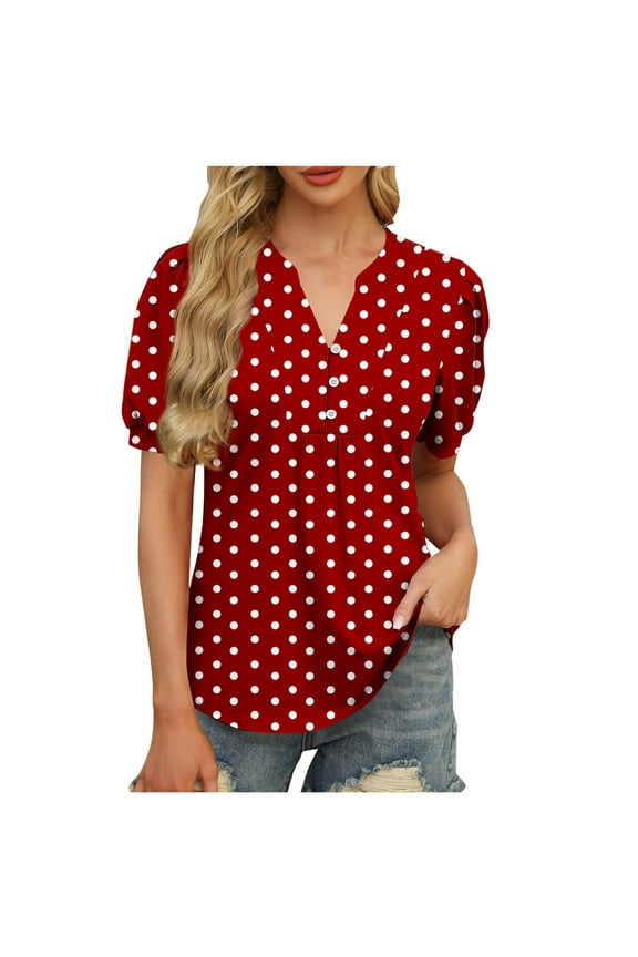 Women's Tops Trendy V Neck Polka Dot Going Out Tops Casual Pleated Button Short Sleeve Shirts for Women S
