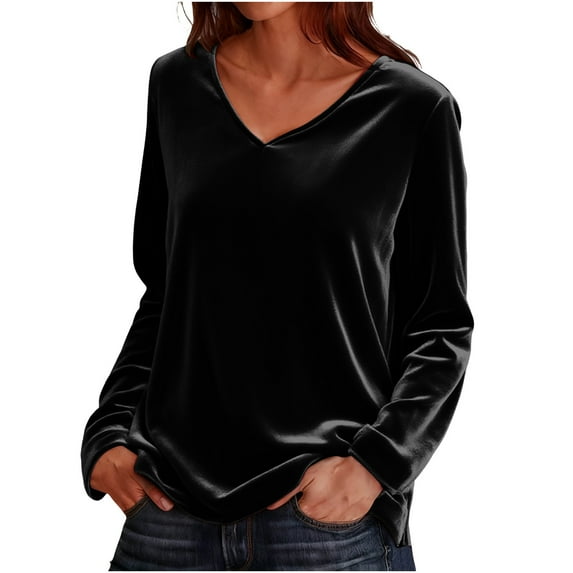 Busydd Women's Tops Trendy V Neck Womens Long Sleeve Shirts Casual Solid Color Tshirts Shirts for Women L