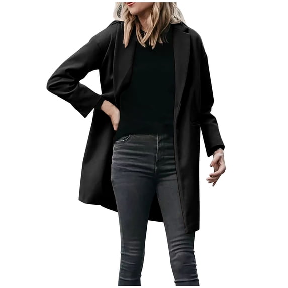 Busydd Women's Trench Coats Solid Color Open Front Button Cardigan for Women Casual V Neck Lapel Wool Fall and Winter Jackets Plus Size Windbreaker Jacket Outerwear with Pockets S-3XL