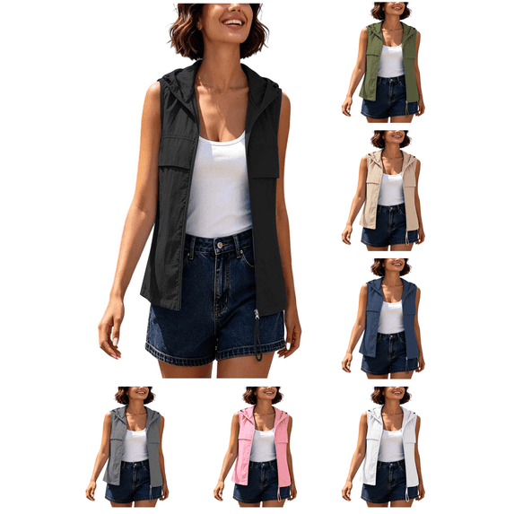 Busydd Women's Vest Lightweight Breathable Zip Up Hooded Vest Casual Solid Color Sleeveless Outdoor Vest